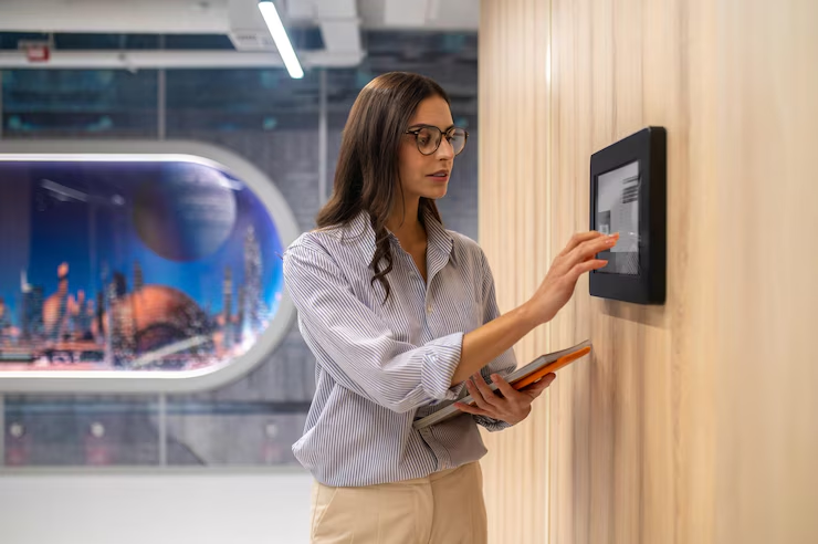 Woman using a wall-mounted access control system installed in a commercial building