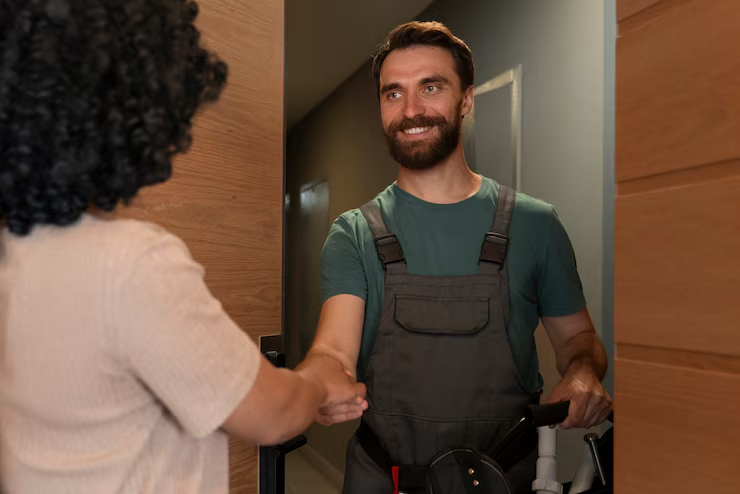 Small business owner in Brooklyn Park shaking hands with locksmith after successful lock upgrade