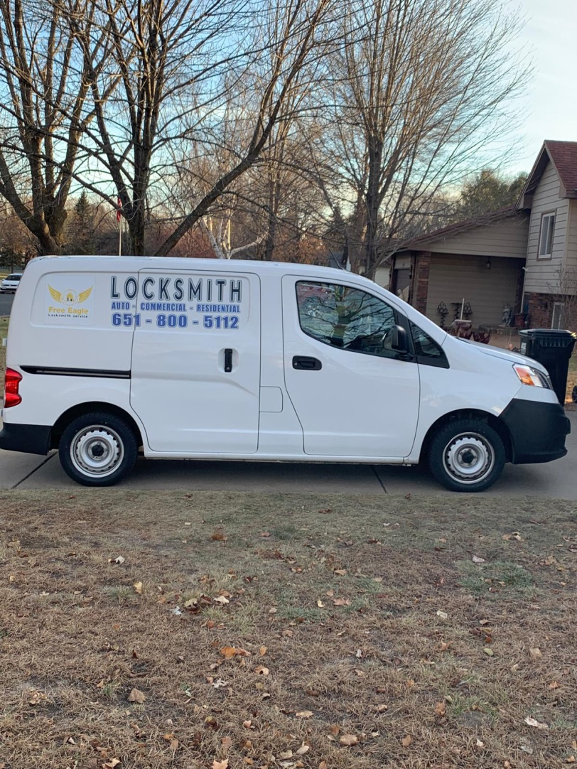 Free Eagle Locksmith van parked outside a home in Andover for a residential rekey service