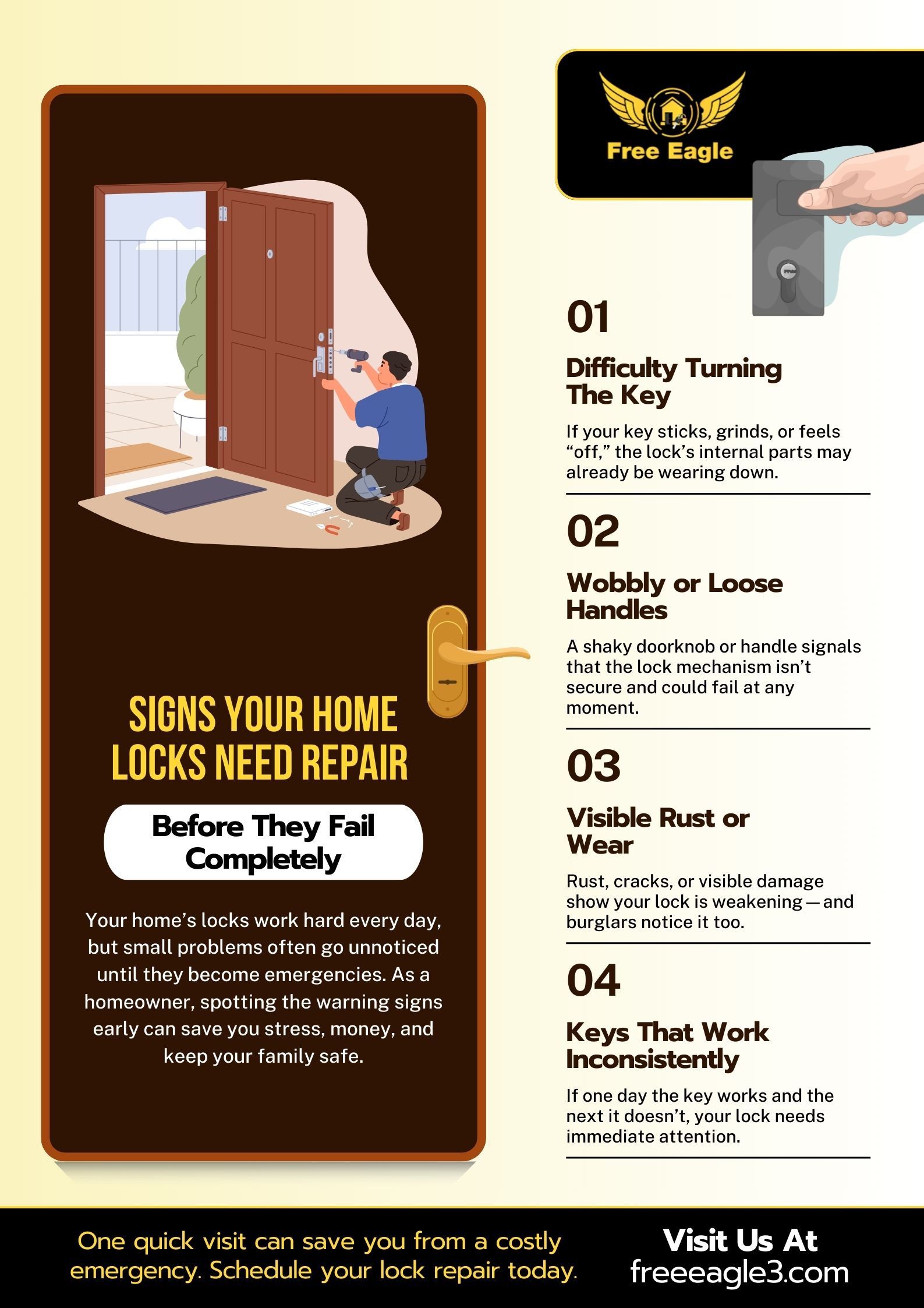 Infographic showing four warning signs that home locks need repair: difficulty turning the key, wobbly or loose handles, visible rust or wear, and keys that work inconsistently. Features an illustration of a locksmith repairing a door lock.
