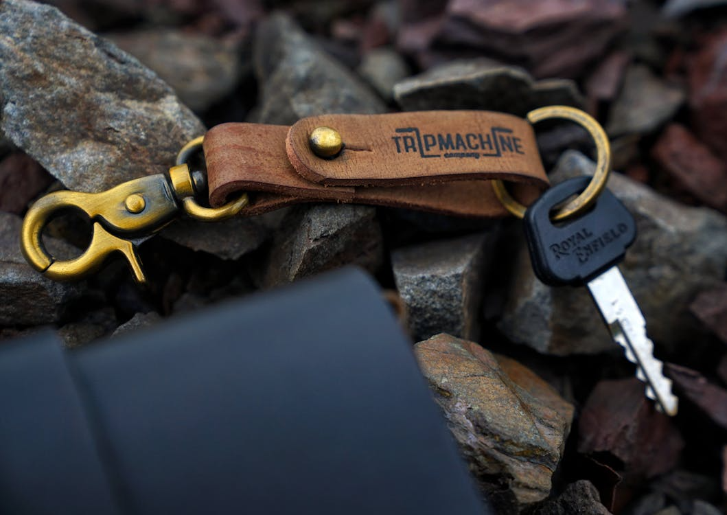 Motorcycle key with a brown leather keychain